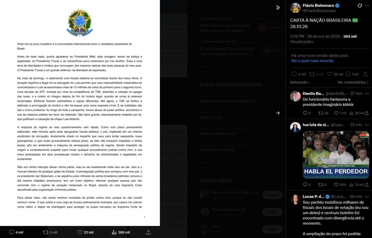 Após fuga, Flávio se diz 'presidente eleito', apaga post e passa a se chamar de 'líder do Brasil'