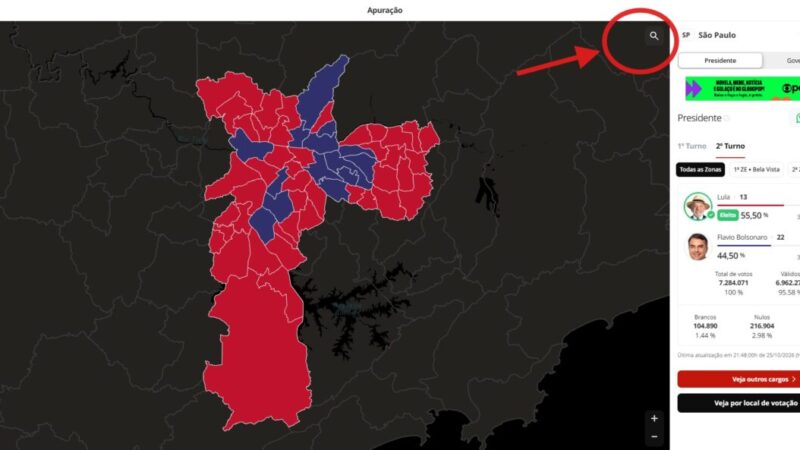 Mapa eleitoral interativo revela votação exata por urna eletrônica no segundo turno