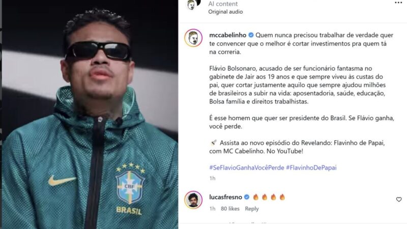 Mc Cabelinho republica vídeo contra Flávio Bolsonaro após queda