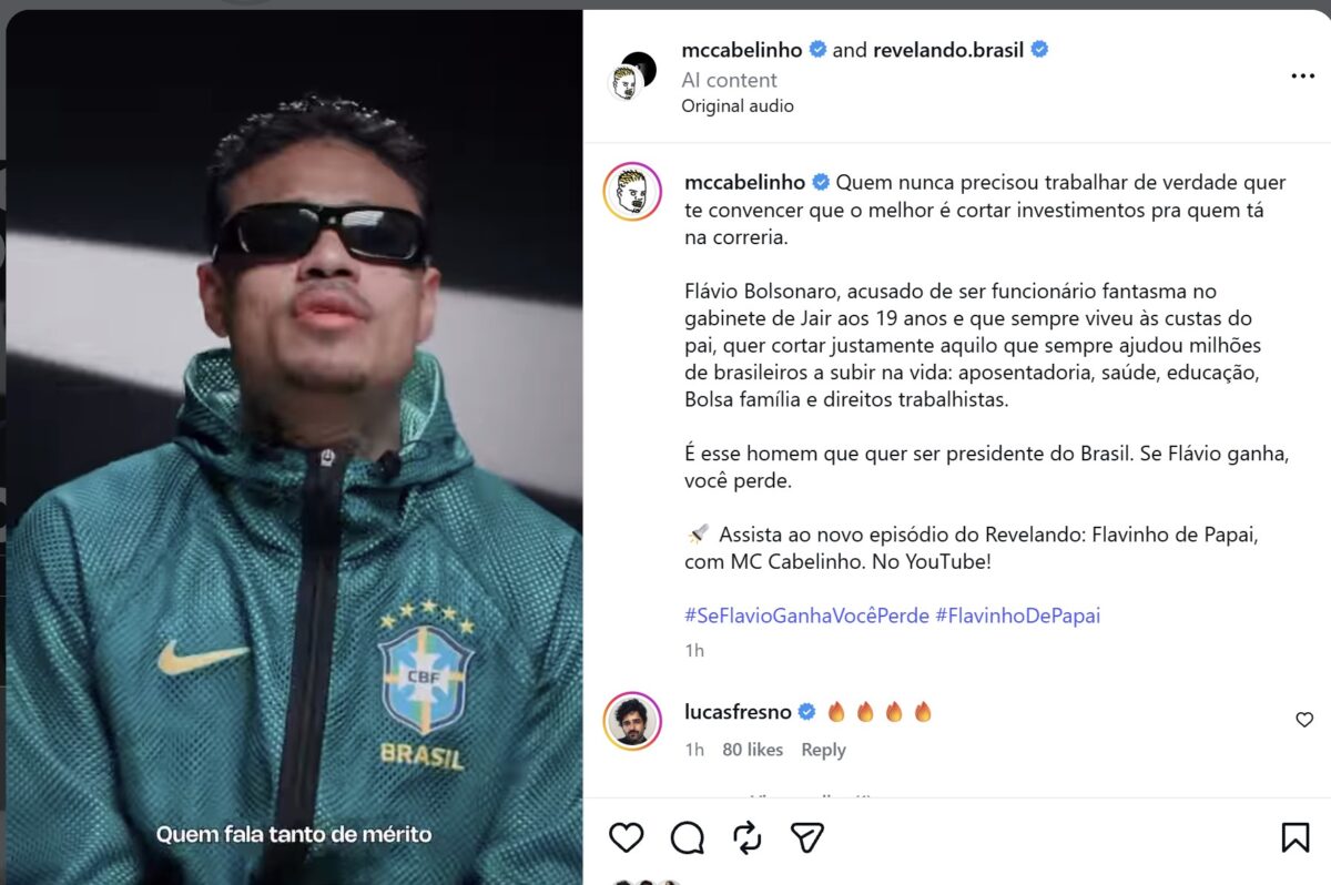 Mc Cabelinho republica vídeo contra Flávio Bolsonaro após queda